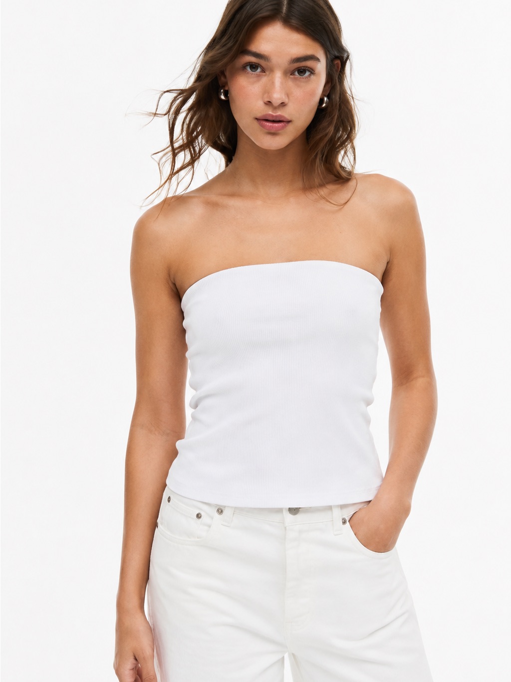 H&M Ribbed Tube Top White Size Xl Strapless Bandeau Cotton Basic